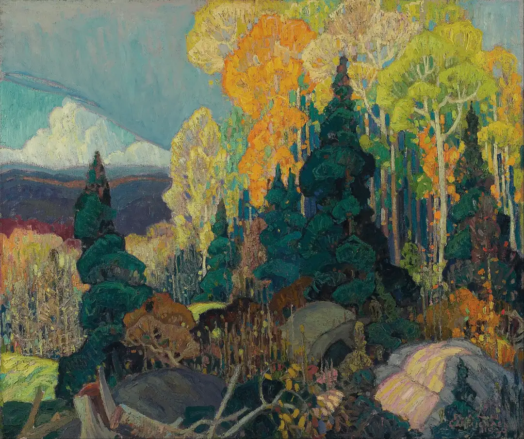 A 1920 painting by Franklin Carmichael titled 'Autumn Hillside'.