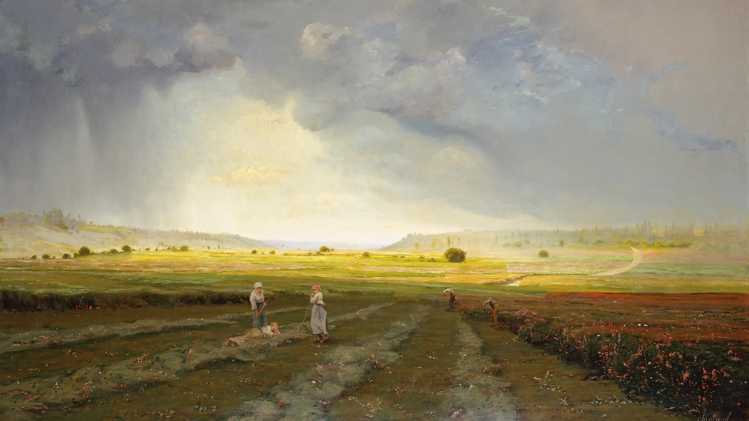 Circa 1868 painting by Antoine Chintrueil titled 'The Rain Shower'