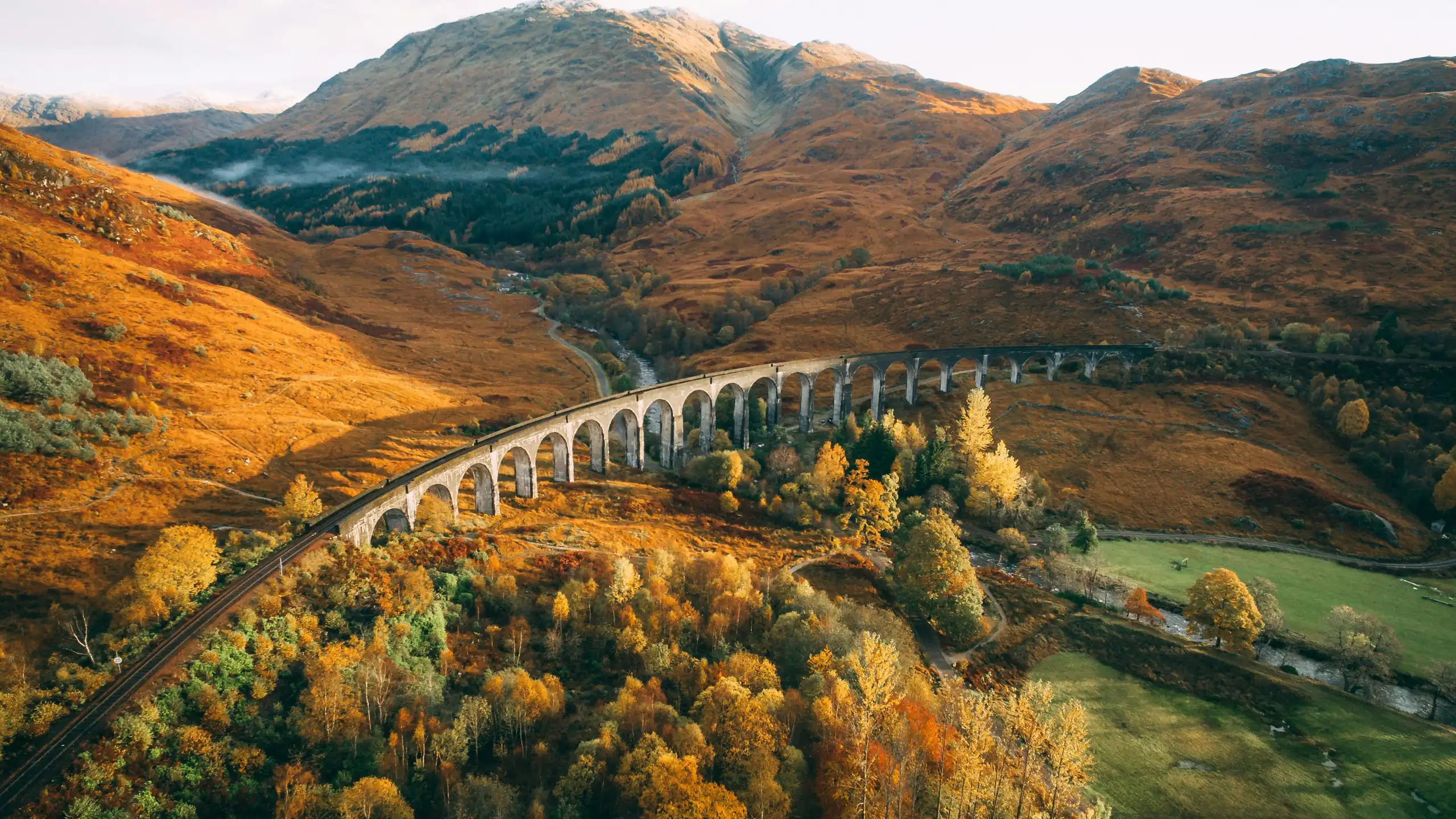 Aerial view of Glenfinnan Viaduct in Fort William, Scotland