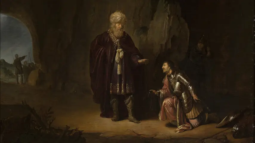 Painting of Saul and David in the cave at Engedi by Willem de Poorter