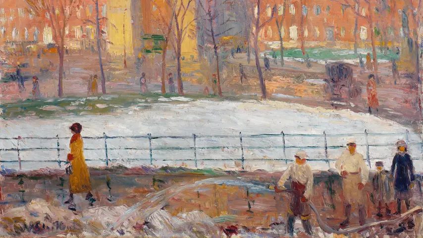 Painting by William James Glackens titled 'Street Cleaners, Washington Square' (ca. 1910)