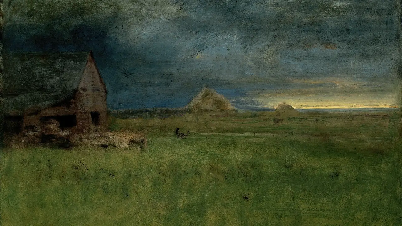 An 1892 painting by George Inness titled 'The Lonely Farm, Nantucket'