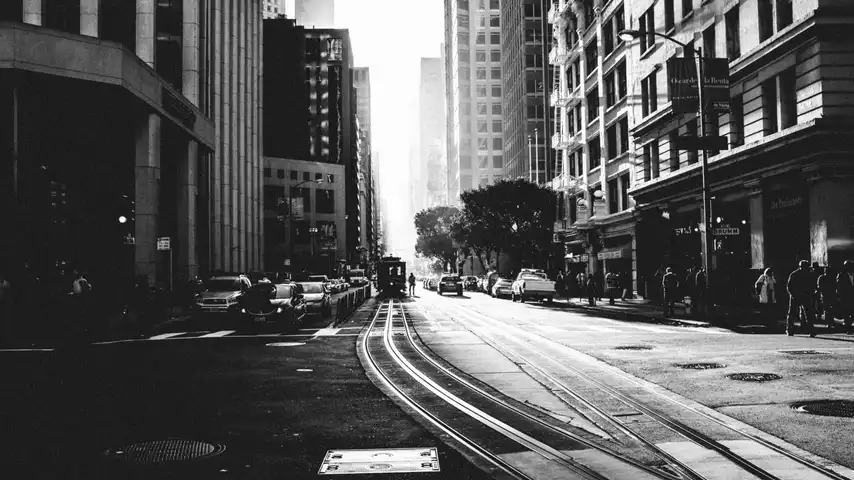 Black and white photo of a San Francisco street