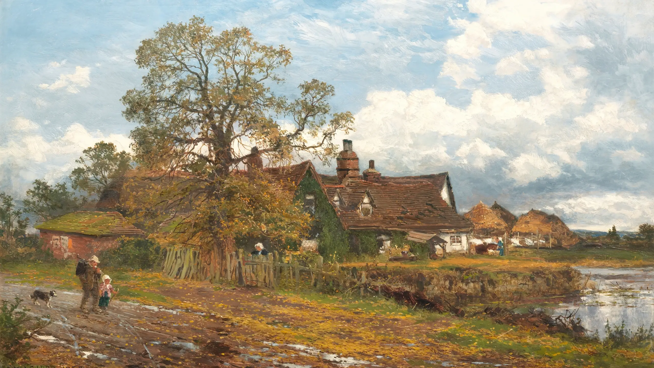 Circa 1888 painting by Benjamin Williams Leader titled 'An Old Worcester Farm, An October Day After Rain'