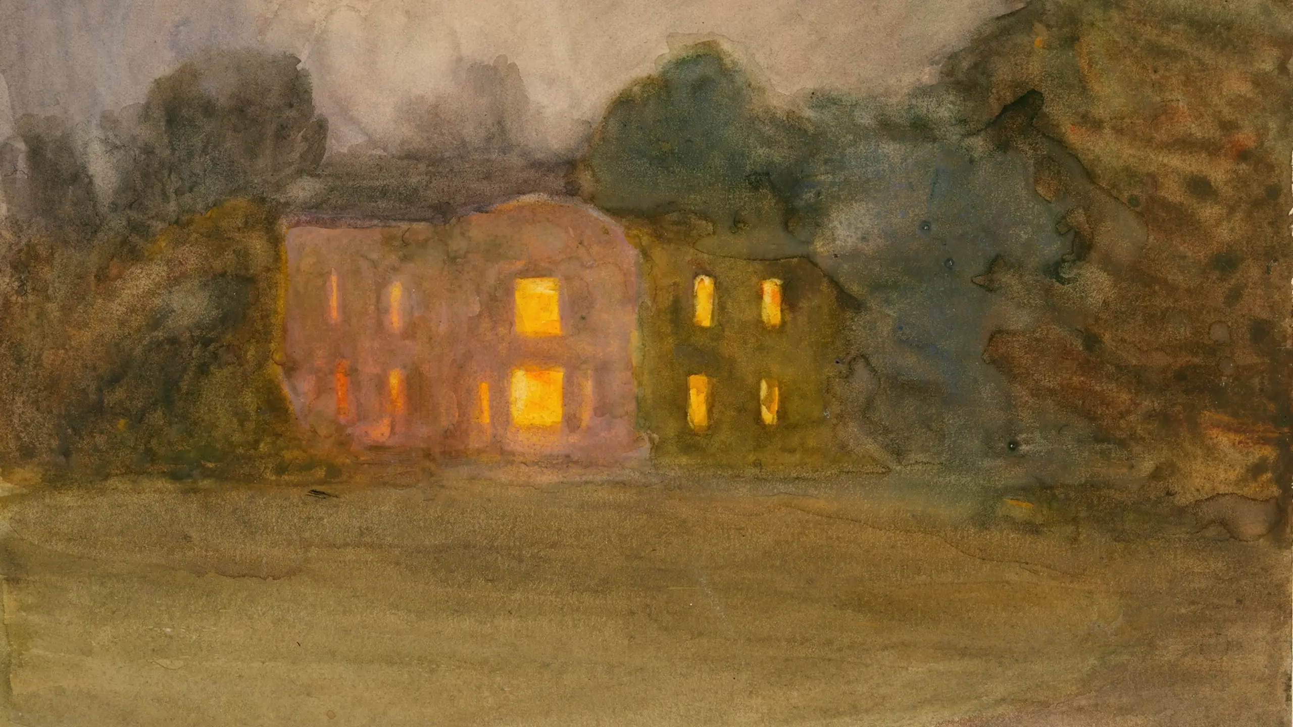 A painting by Clare Marsh titled 'A Great House Lit at Night'