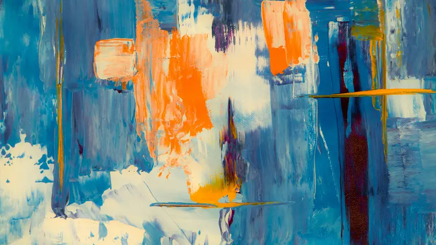 Abstract painting using shades of blue, orange, and white