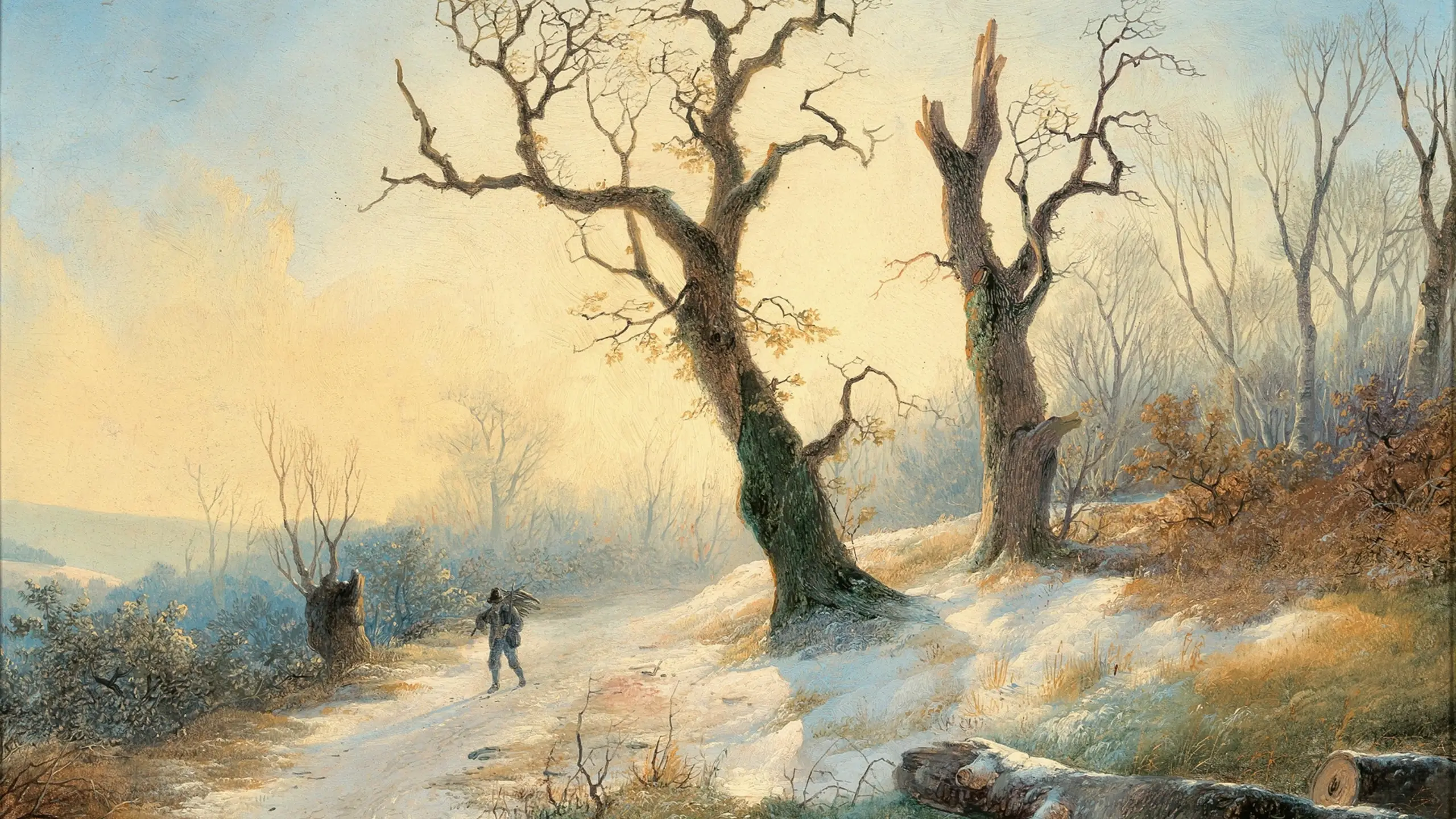 An 1839 painting by Remigius Adrianus van Haanen titled 'Returning Home in Winter'