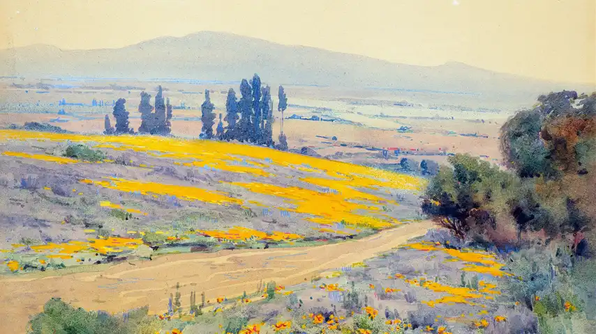 Painting of a California landscape during spring by Elmer Wachtel