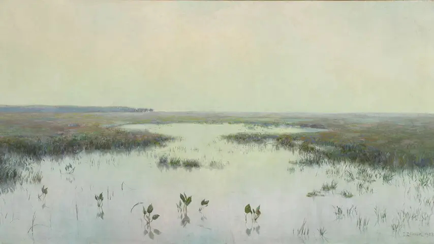 A painting by Teodor Ziomek titled 'Dawn Over Water — Marshes'